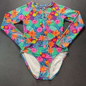Cat & Jack Girls Floral Long Sleeve One-Piece Swimsuit XL Bright Tropical Print